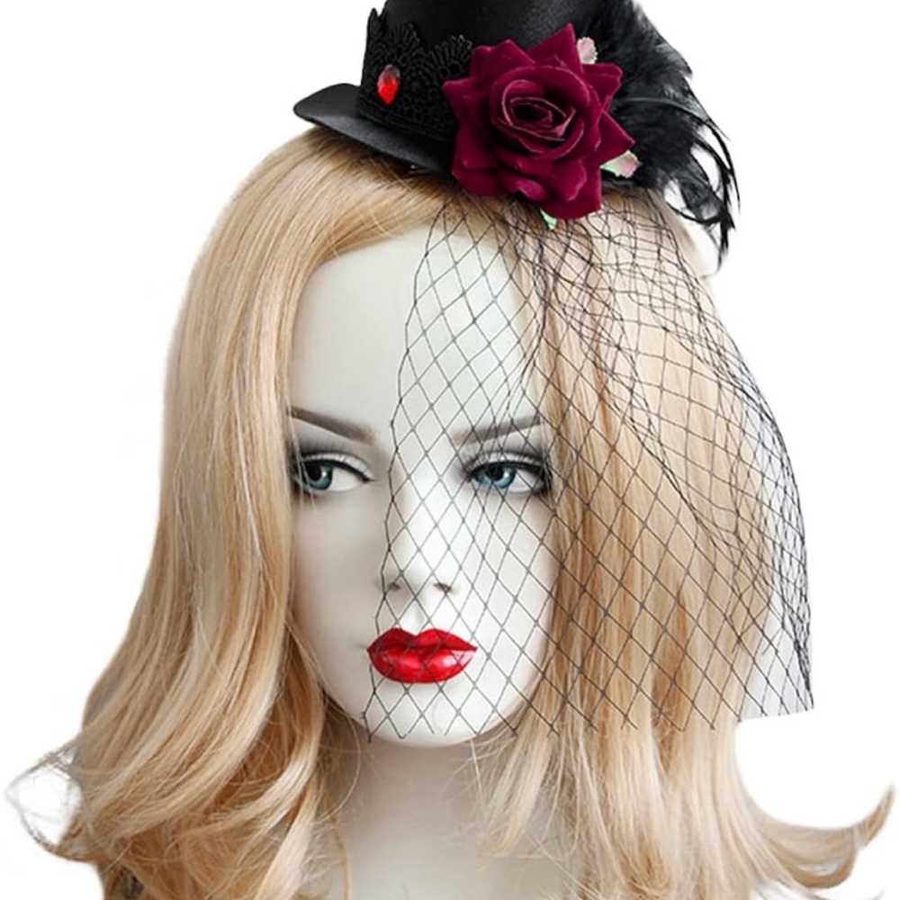 Chic Black Mini TopHat with Burgundy Floral Detail C136